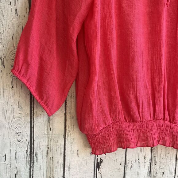 Zac & Rachel Womens Hot Pink Boho Peasant Top Size XL Beaded Smocked Puff Sleeve - Picture 6 of 14